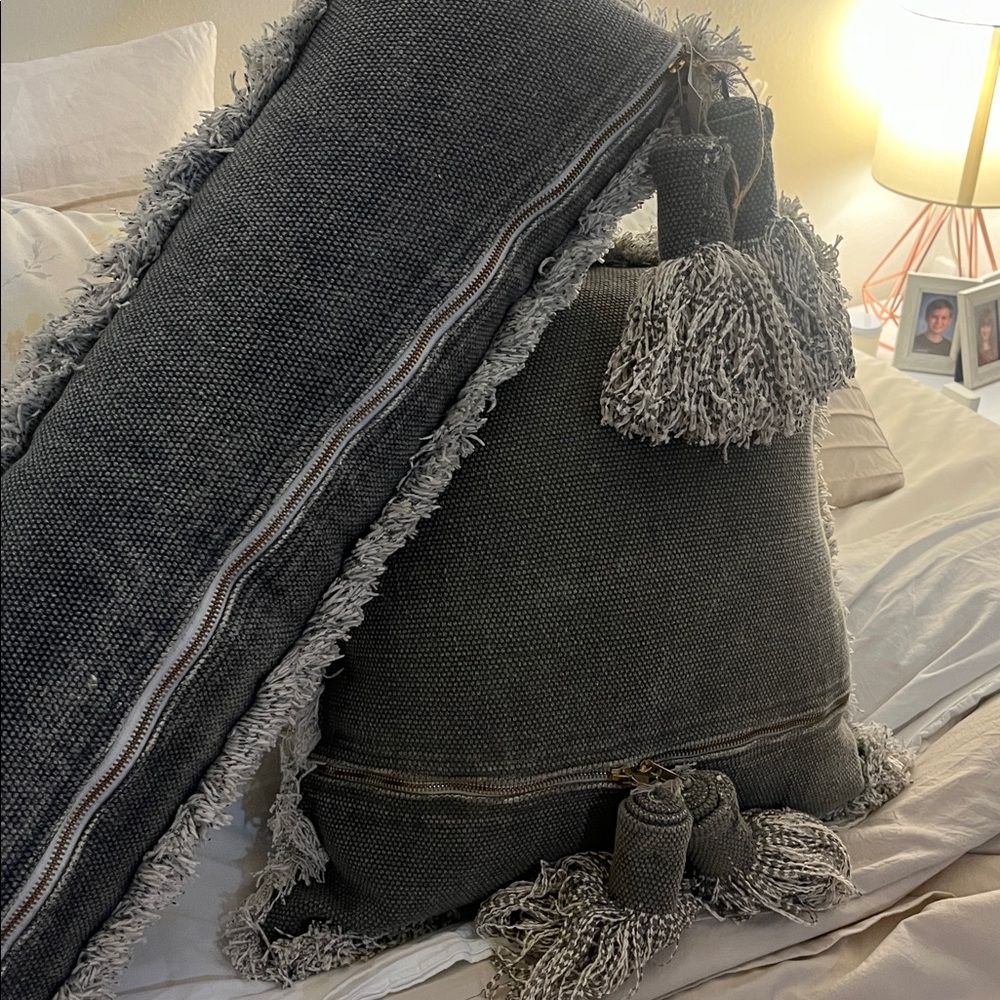Mud Pie Charcoal and Cream Tassel Pillow Set. Let me know if you only want one 😊 - Picture 7 of 8